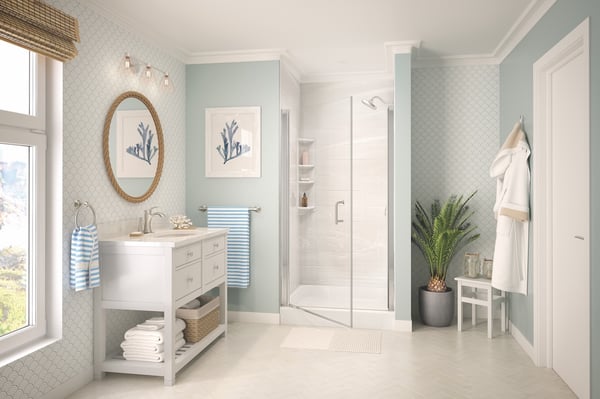 Coastal bathroom with soft blue hues